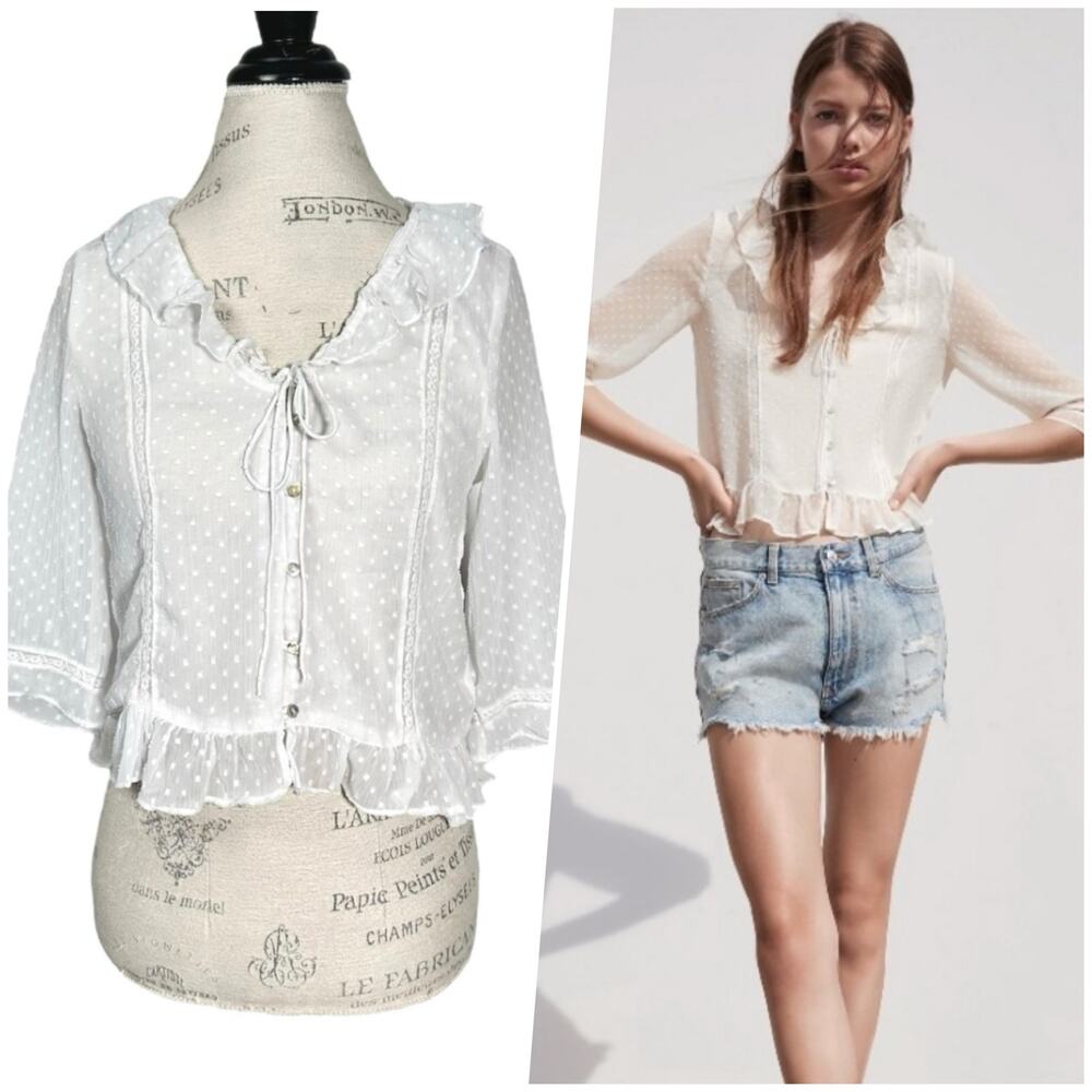 Zara | Women | White Swiss Dot Lace Ruffle Sheer Button Up Blouse | Medium